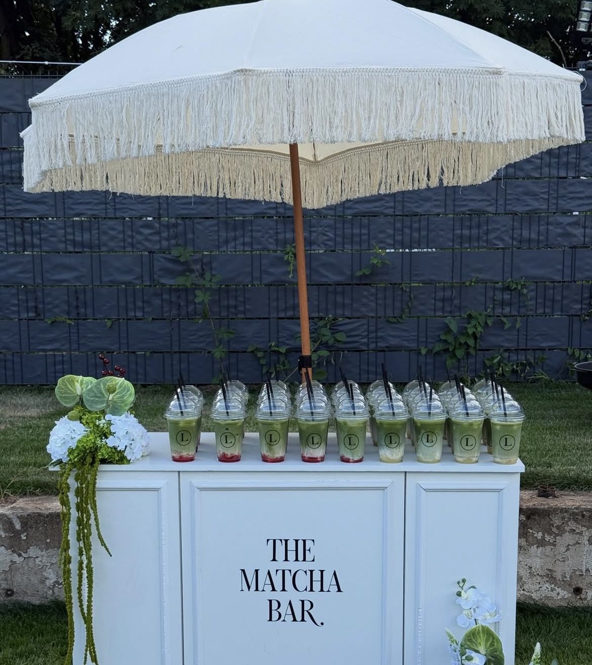 The matcha bar set up, cups lined up on the counter